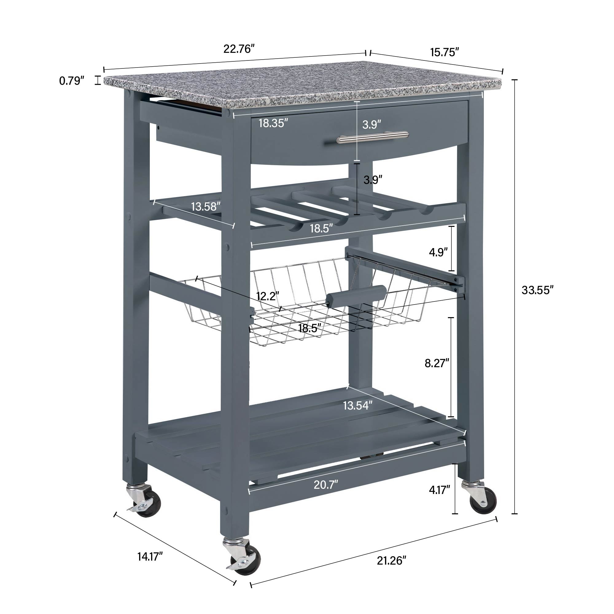 Mobile Rolling Kitchen Island Trolley Serving Cart With Underneath Drawer & Slide-Out Wire Storage Basket_voghion.com